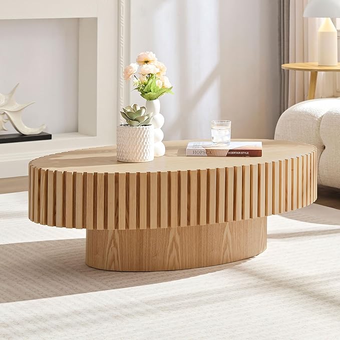 Oval Coffee Table for Living Room, Modern Fluted Coffee Tables with Pedestal Base, Handcrafted Centre Tea Tables Easy Assembly-43.7" Natural-Ruum Studio Home