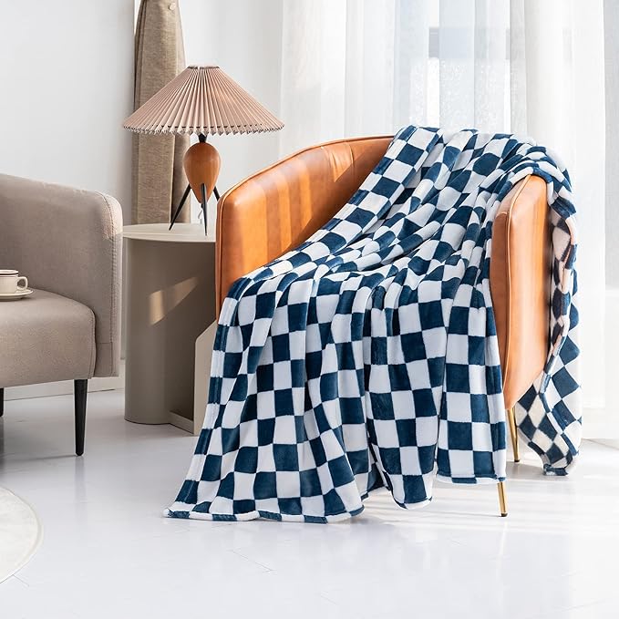 LOMAO Throw Blankets Flannel Blanket with Checkerboard Grid Pattern Soft Throw Blanket for Couch, Bed, Sofa Luxurious Warm and Cozy for All Seasons (Navy, 50"x60")-Ruum Studio Home