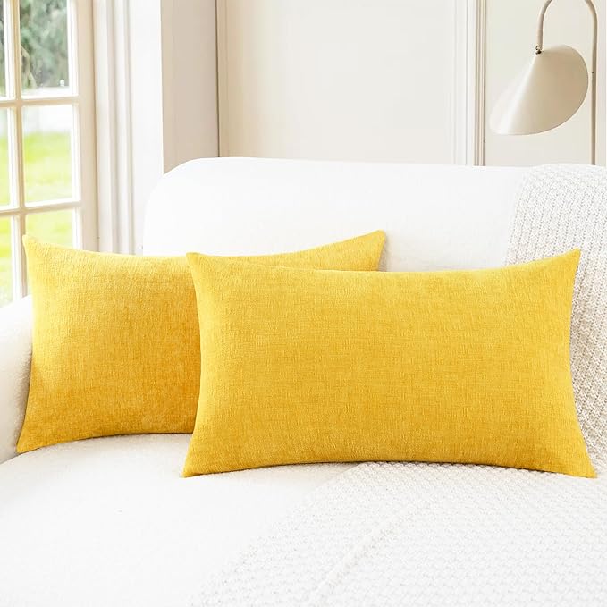 CaliTime Throw Pillow Covers Decorative 12 X 20 Inches Pack of 2 Cozy Chenille Cushion Cases for Couch Sofa Bed Living Room Home Mustard Yellow-Ruum Studio Home