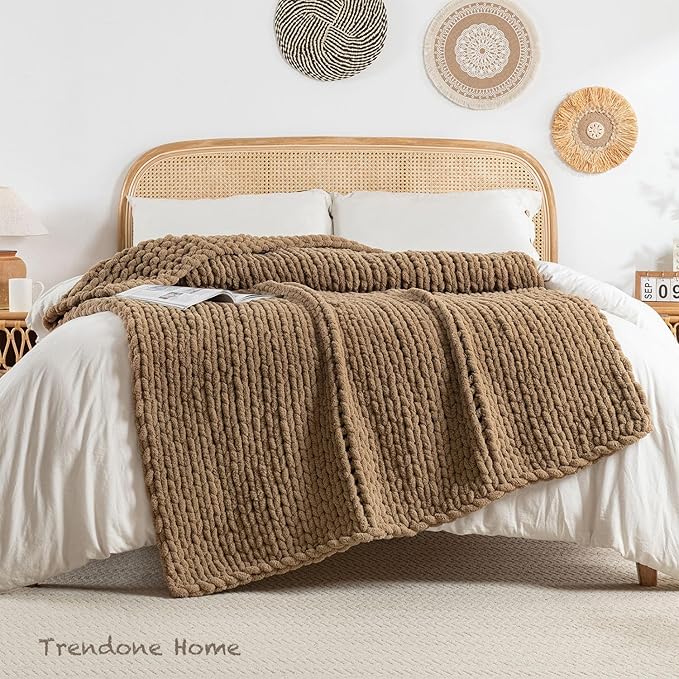 Chunky Knit Blanket Throw, 100% Hand Knit Throw Blanket Handmade Chenille Cable Knit Throw for Couch, Stylish Cozy Soft Rope Knot Crochet Blanket for Home Decor, Camel, 50x60 Inches-Ruum Studio Home