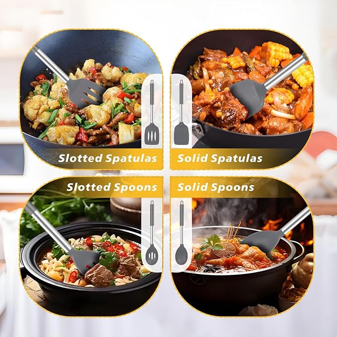 5-Piece Silicone Kitchen Tool Set, BPA-Free, Heat-Resistant, Non-Stick & Dishwasher-Safe, with Slotted/Solid Spoons & Spatulas for Frying, Mixing, Draining – Includes Multi-Purpose Serving Hook(Gray)-Ruum Studio Home