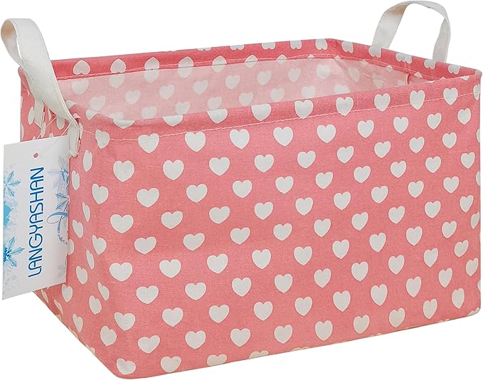 LANGYASHAN Rectangular Storage Bin Collapse Canvas Fabric Cartoon Storage Basket with Handles for Organizing Home Kitchen Boys and Girls Toys Office Closet Shelf Baskets (Rec pink heart)-Ruum Studio Home