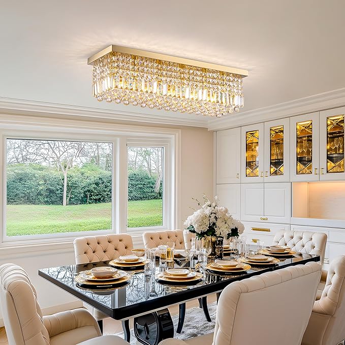 Modern Crystal Chandelier, 6 Lights Luxury Gold Rectangular Flush Mount Ceiling Light, Dining Room Light Fixture, Rectangle K9 Crystal Raindrop Chandelier for Living Room Bedroom L31.5 Inch-Ruum Studio Home