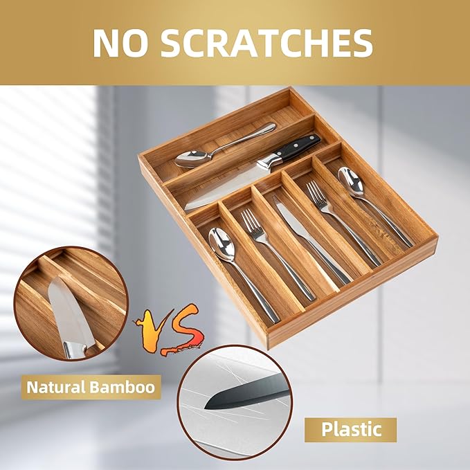 Silverware Organizer Kitchen Drawer Organizer Utensil Organizer Acacia Silverware Holder Cutlery Organizer in Drawer Flatware Organizer Tray(7 slots, Acacia-Ruum Studio Home