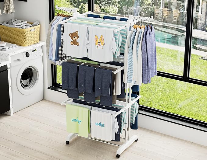 HOMIDEC Clothes Drying Rack, Large 4-Tier Foldable Drying Rack Clothing(67.7H x 19.7W x 30L Inches), Movable Drying Rack with 4 castors. Multifunctional Stainless Steel Laundry Drying Rack, White-Ruum Studio Home