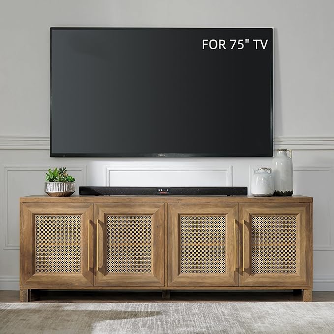 JYED Mid Century Modern TV Stand for TVs up to 75 Inch, with Hollow Metal Mesh Decorated，Boho TV Console with Storage Cabinet,Cable Holes, TV Stand for Living Room, 69.5"x15.6"x24.8", Rustic-Ruum Studio Home