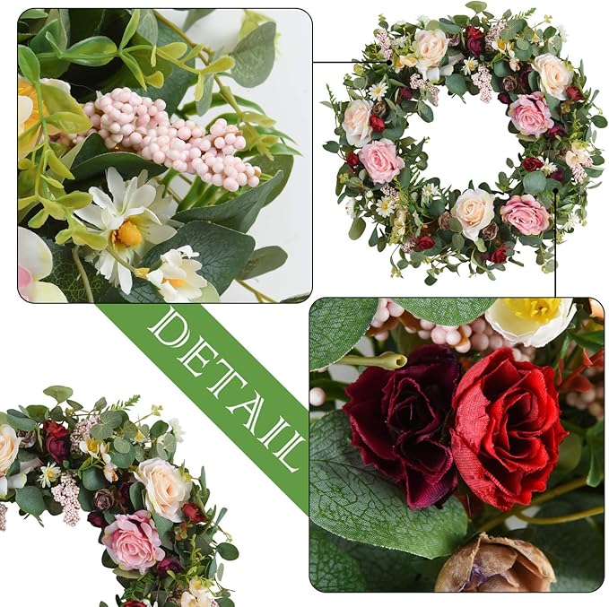 WANNA-CUL 24 Inch Large Spring Rose Wreaths for Front Door,Spring Front Door Wreath with Pink and Wine Red Floral Door Wreath with Eucalyptus Leaves for Wedding or Indoor&Outdoor Decorations-Ruum Studio Home