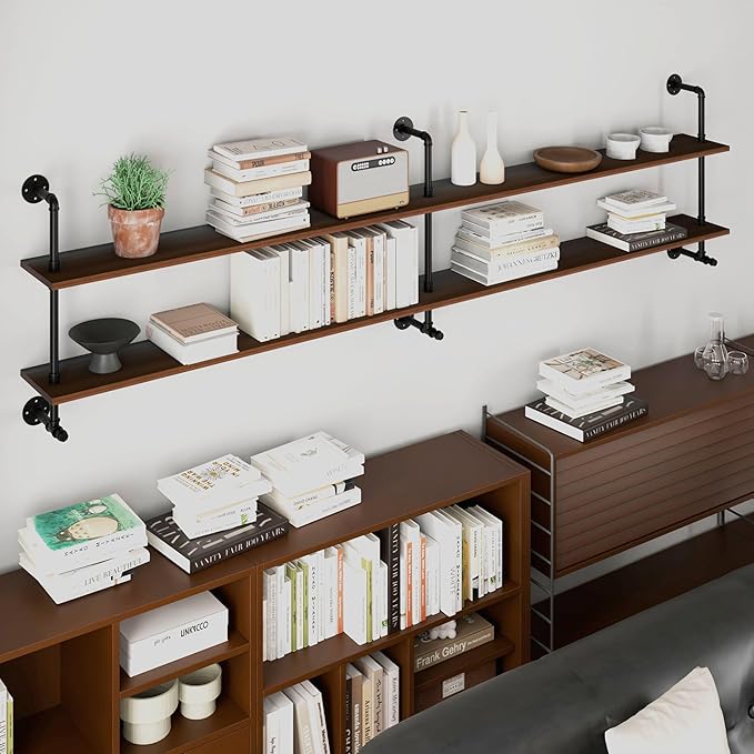 Industrial Pipe Wall Shelves Pipe Shelving with Real Wood Plank,70 Inches Floating Shelves for Wall Farmhouse Pipe Book Shelves Dark Brown 2 Tier for Kitchen,Living Room Decor and Bar Shelving-Ruum Studio Home