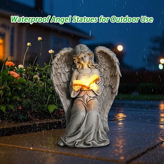 Angel Statue Outdoor Decor, Elegant Angel Garden Statues Reading Book with Solar LED Lights Yard Decorations Lawn Ornaments Figurines Resin Sculpture for Outside, Angel Gardening Gifts-Ruum Studio Home