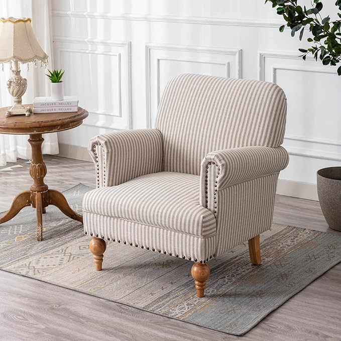 chairus Linen Accent Chair for Living Room Set of 2 Upholstered Mid Century Modern Single Sofa Chair with Solid Wood Legs Comfy Reading Chair Armchair for Bedroom/Office/Recption/Lounge, Khaki Stripe-Ruum Studio Home