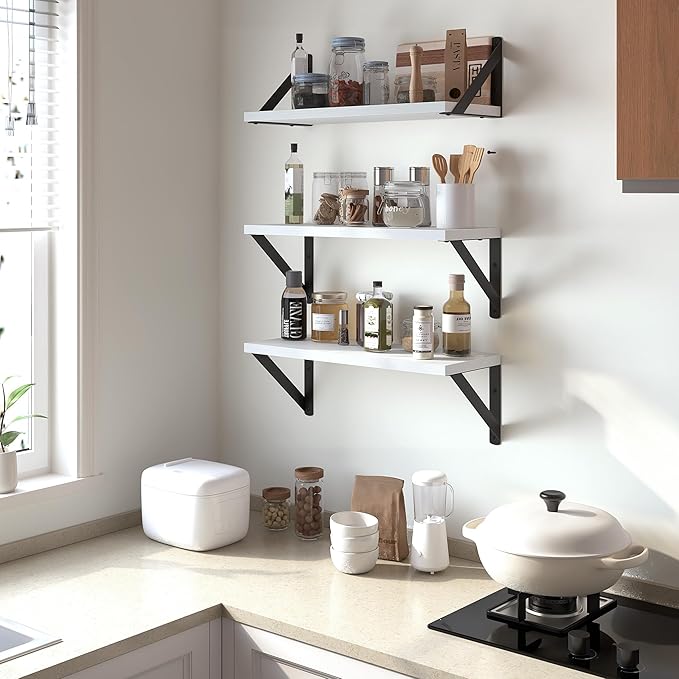Heimlove Floating Shelves for Wall, 16 Inch Long Wood Floating Shelves Set of 3, Wall Mounted Hanging Shelf for Bathroom Bedroom Kitchen, White-Ruum Studio Home