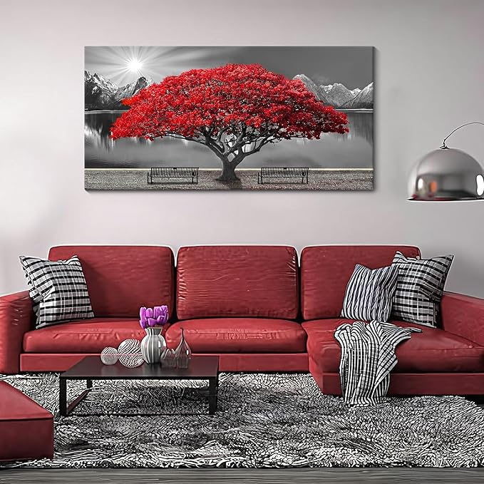 Black and White Red Tree Wall Art Canvas Print Picture Large Red Tree Landscape Modern Artwork for Living Room Bedroom Office Home Wall Decor With Frame 24X48inch-Ruum Studio Home