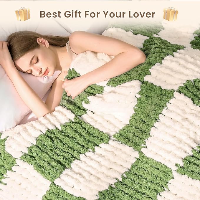 L'AGRATY Chunky Knit Blanket Throw: 60''x80'' Chenille Chunky Knitted Throw Blankets for Twin Bed Couch - Handmade Thick Cable Knit Blanket - Large Crochet Blankets for Home Decor(Green Checkered)-Ruum Studio Home