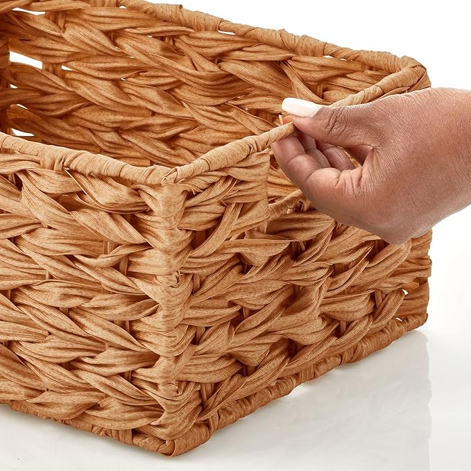 mDesign Woven Farmhouse Kitchen Pantry Food Storage Organizer Basket Bin Box - Container Organization for Cabinets, Cupboards, Shelves, Countertops - Store Potatoes, Onions, Fruit, 6 Pack, Camel Brown-Ruum Studio Home
