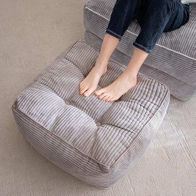 HIGOGOGO Square Stuffed Pouf Ottoman, Corduroy Poufs with Foam Chunk Filling, Furry and Fluffy Pouf Foot Stool Storage Ottoman, 25.6 X 25.6 Floor Poufs Foot Rest for Living Room, Grey-Ruum Studio Home
