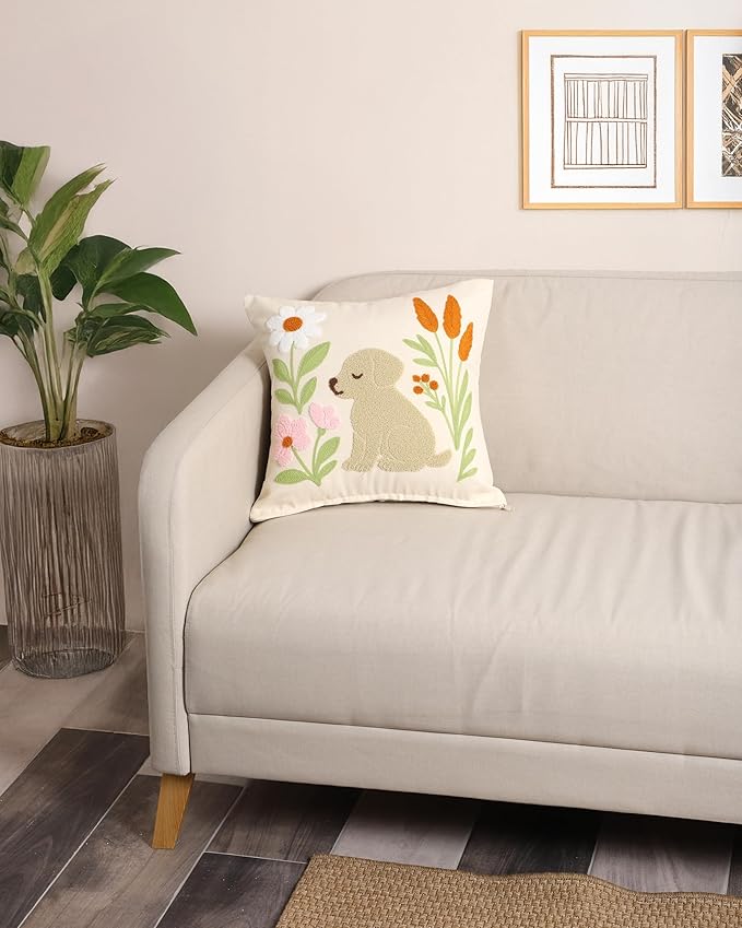 katre home madame & textile Embroidered Dog Pillow Cover – 18x18 inch Handmade Punch Needle Cushion – Boho Cotton Throw Pillow for Couch, Bed, or Gift for Dog Lovers-Ruum Studio Home