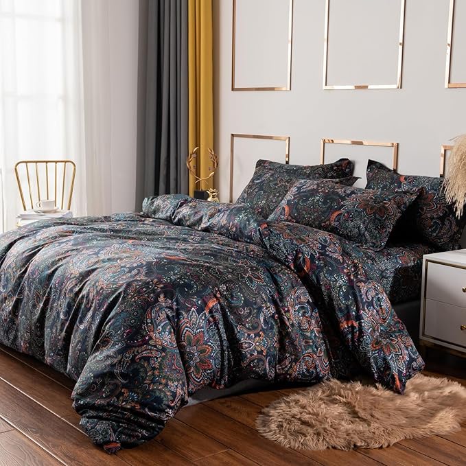 ABREEZE Luxury Vintage Black Duvet Cover Sets Damask Paisley Bedding Set Retro 100% Brushed Cotton Zipper Closure Bedding Collection King Size-Ruum Studio Home