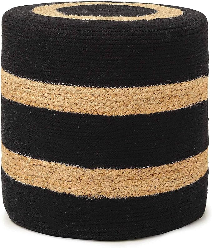 REDEARTH · Cylindrical Pouf Foot Stool Ottoman - Jute Braided Pouffe Poof Accent Sitting Footrest for The Living Room, Bedroom, Nursery, Patio, Lounge & Other Rooms (14.5”x14.5”x16”; Black Natural)-Ruum Studio Home