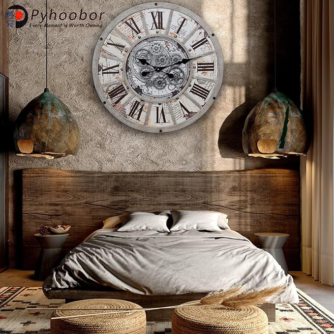Unique Moving Gear Large Wall Clock 21inch-Battery Powered. Retro Industrial Steampunk Country Farmhouse Decor for The Living Room Kitchen Bars cafes Offices(whith/metal/21)-Ruum Studio Home