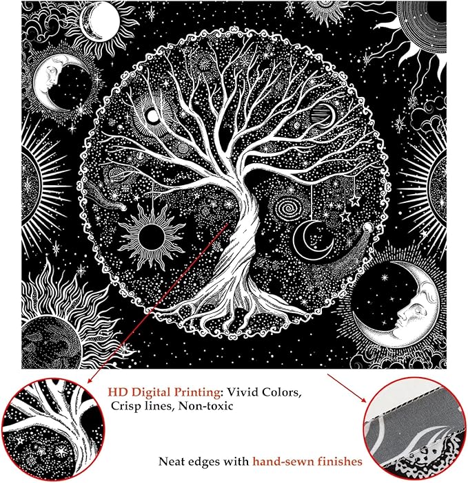 AACKart Tree of Life Tapestry for Bedroom Aesthetic Room Decor-Black and White Spiritual Tree Tapestry Wall Hanging with Sun Moon Star 78.7×59.1 inches-Ruum Studio Home