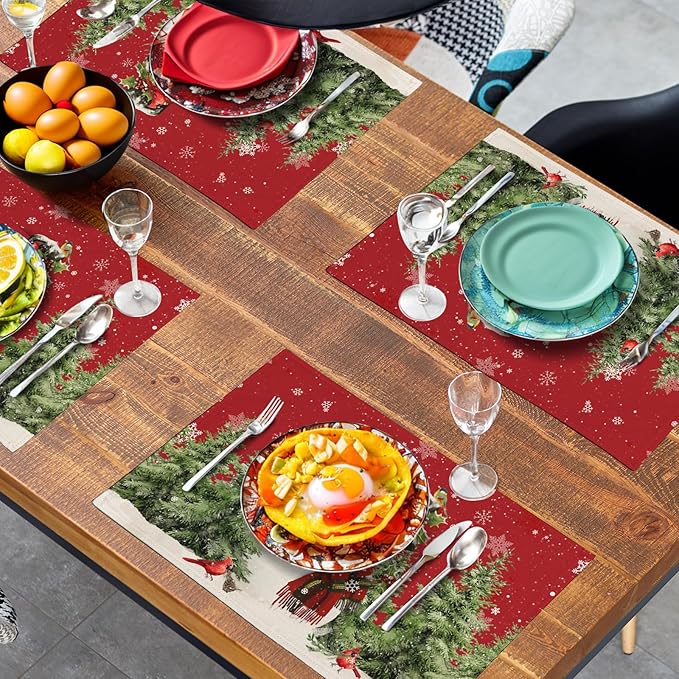 Snowman Christmas Red Placemats Set of 4 Xmas Tree Cardinal Snowflakes Linen Table Mats Seasonal Winter Holiday Place Mats Washable Placemat for Party Kitchen Dining Outdoor Indoor Decor-Ruum Studio Home