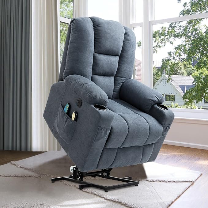 VIVIJASON Power Lift Chair Electric Recliner for Elderly Heated Vibration Massage Soft Fabric Recliner Chair with 2 Remote Controls, USB Ports, Side Pockets & Cup Holders for Living Room (Blue)-Ruum Studio Home