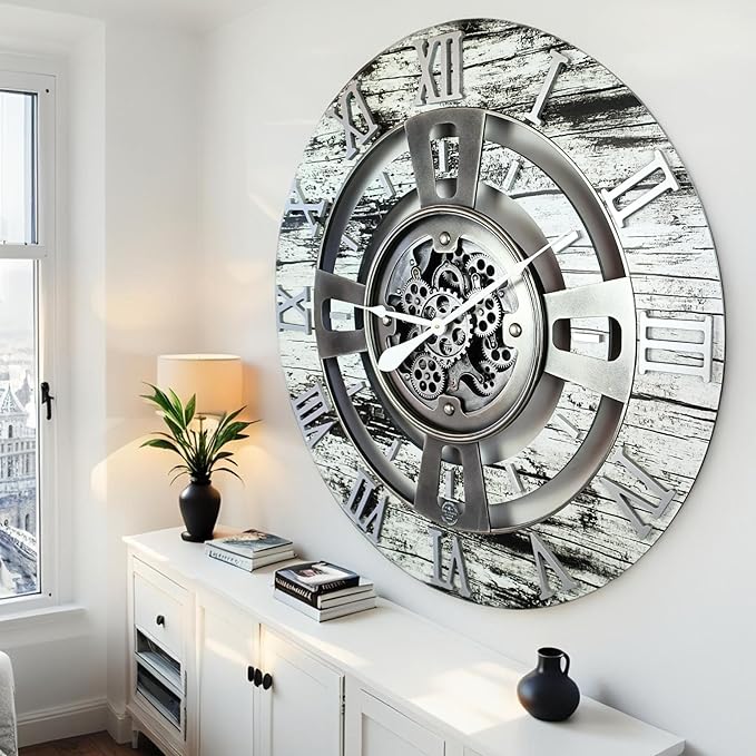 The Gears Clock Real Moving Gear Wall Clock England Line (Grey & White, 36 inches (90 cm))-Ruum Studio Home