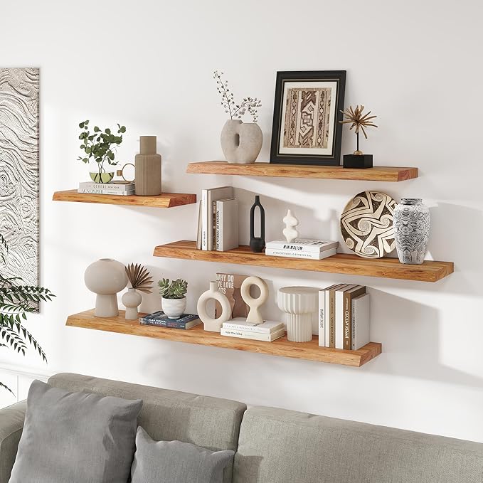 RICHFOCUS Live Edge Elm Floating Shelves - 55" W x 9.3" D Rustic Solid Wood Wall Shelves with Invisible Bracket, Wall-Mounted for Living Room, Bedroom, Kitchen Storage & Display, Set of 1, Natural-Ruum Studio Home