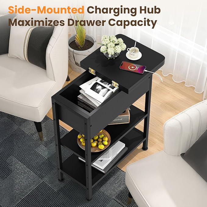 End Table with Charging Station, Flip Top Side Table with USB Ports and Outlets, 3-Tier Small Side Table with Storage for Small Space, End Tables for Living Room/Bedroom, Black-Ruum Studio Home