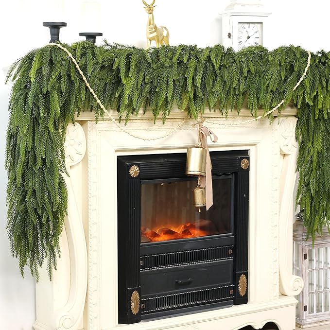 9FT Christmas Norfolk Pine Garland -2PCS, Artificial Pine Needles Garlands Faux Greenery Fake Garland for Holiday Fireplace,Table,Window,Stairs,Mante,Indoor Outdoor Decor-Ruum Studio Home