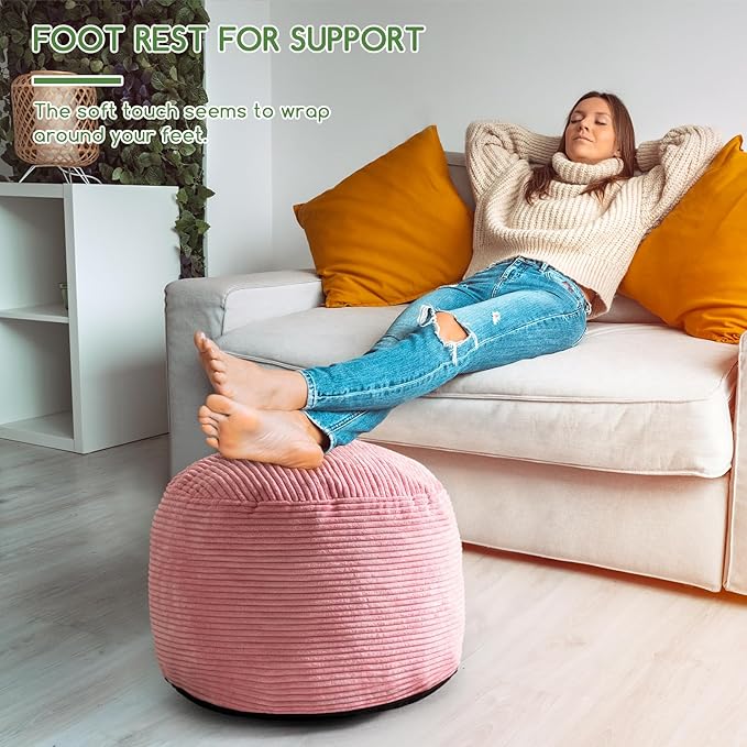HIGOGOGO Round Stuffed Pouf Ottoman, Corduroy Poufs with Foam Chunk Filling, Furry and Fluffy Pouf Foot Stool Storage Ottoman, 20 X 15 Floor Poufs Foot Rest for Living Room, Pink-Ruum Studio Home