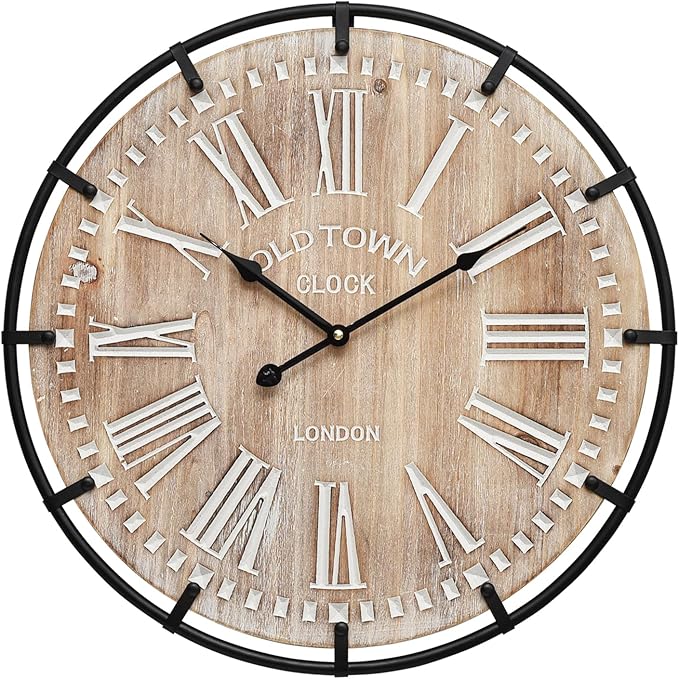 20 Inch Grand Farmhouse Wall Clock, Vintage-Inspired Wood & Metal Design with Large Etched Numbers, Silent Battery-Powered Timepiece for Offices, Kitchens, Bedrooms, and Living Rooms-Ruum Studio Home