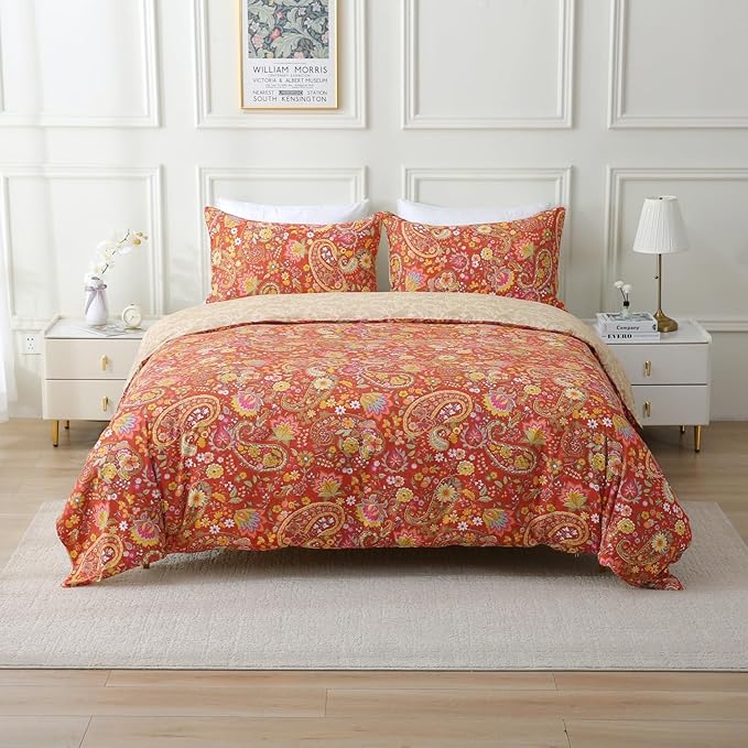 ABREEZE Paisley Bedding Sets 3Pcs Brushed Cotton Duvet Cover Set Queen Size Rustic Damask Red Floral Comforter Cover with Zipper Closure Boho Bedding Collections-Ruum Studio Home