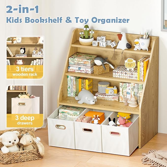 Kids Bookshelf and Toy Organizer, Wooden Kids Bookcase, Toddler Montessori Bookshelf with 3 Movable Drawers, Toy Storage Organizer for Kids Room, Living Room, Nursery-Ruum Studio Home
