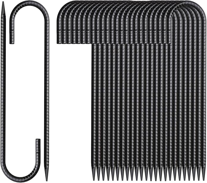 16 Inch Rebar Stakes J Hook 26 Pack Ground Stakes Heavy Duty Tent Stakes with Chisel Point End Chain Link Fence Stakes Galvanized Steel Ground Anchors Metal Spikes Black Coated-Ruum Studio Home