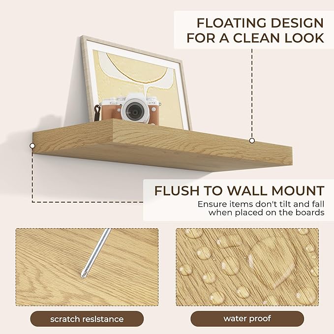 RICHFOCUS 24Inch Floating Shelves for Wall 2 Pack Shelves for Bedroom|Kitchen|Bathroom Wall Mounted Rustic Wood Floating Shelf with Invisible Brackets for Books|Storage|Decor, Oak-Ruum Studio Home