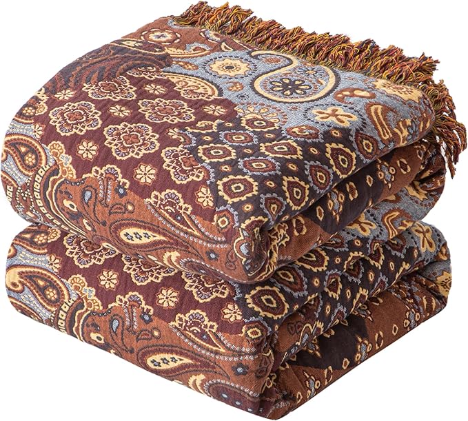 Boho Throw Blanket for Couch Sofa Bed, 100% Cotton Woven Quilt with Tassel 60”x80”, Super Soft Muslin Blanket with Patchwork Printed, Decorative Reversible Bed Blanket/Cover for All Seasons-Ruum Studio Home