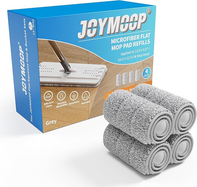 JOYMOOP Flat Mop Pads, Microfiber Mop Cleaning Pads, Washable Pads, Pads Replacement for Flat Mop or Mop Bucket Set, Pack of 4 Refills 13inch - Grey-Ruum Studio Home
