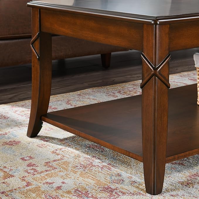 Solid Wood Coffee Table with Storage Shelf, Mid-Century Living Room Tables with Carved Tabletop and Leg, 43.3” Splicing Cocktail Center Sofa Table, Cherry Brown KFZ-DR200-Ruum Studio Home