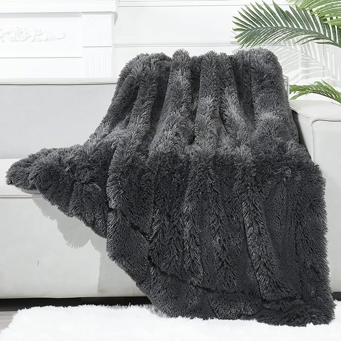 GONAAP Fuzzy Faux Fur Throw Blanket Twin Size Dark Grey Super Soft Cozy Plush Fuzzy Shaggy Blanket for Couch Sofa Bed (Dark Grey, Twin(60"x80"))-Ruum Studio Home