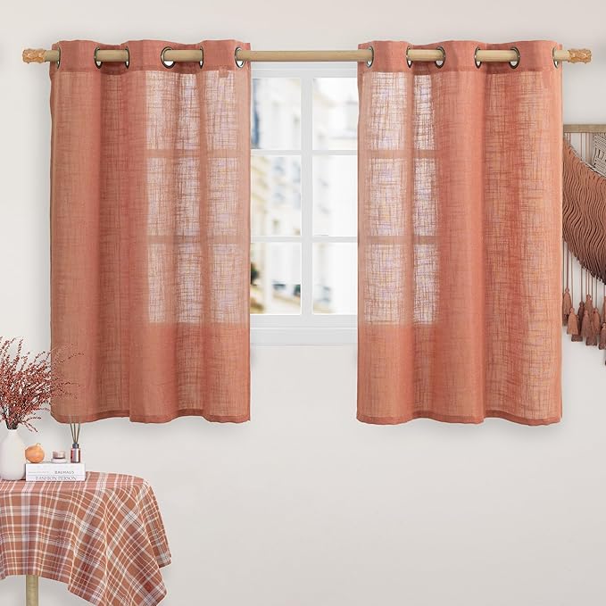 LAMIT Natural Linen Semi Sheer Curtains 48 Inch for Short Windows, Light Filtering Curtains Farmhouse Boho Bronze Grommet Drapes for Kitchen/Loft Room, 2 Panels (34 x 48 Inch, Terracotta)-Ruum Studio Home