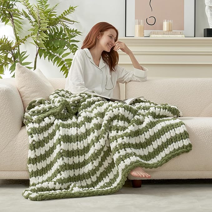 Amélie Home Chunky Knit Throw Blanket for Couch, Soft Chenille Crochet Blanket for Sofa, 50"x60", Sage Green & White Striped-Ruum Studio Home