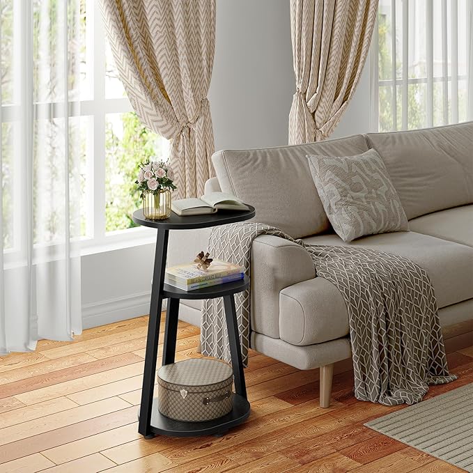 Side Table, Small End Table with Metal Frame, 3-Tier Bedside Tables, Round Side Tables for Living Room Bedroom Couch Bathroom, Oval, Pure Black-Ruum Studio Home