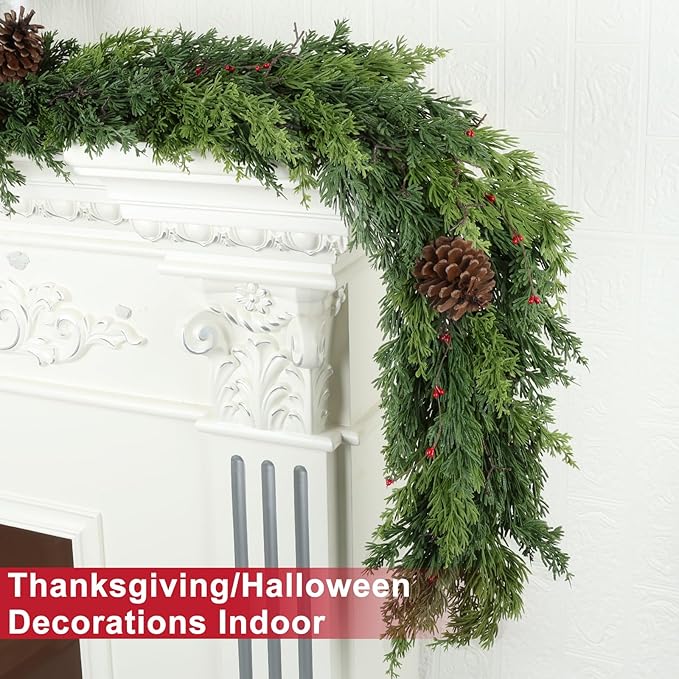 6 Ft Real Touch Christmas Garland Indoor with Pine Cone,Thick and Lush，Soft Bendable Mantle Garland Christmas, Lifelike Cedar Garland, Christmas Garland for Mantle,Indoor Christmas Decorations-Ruum Studio Home