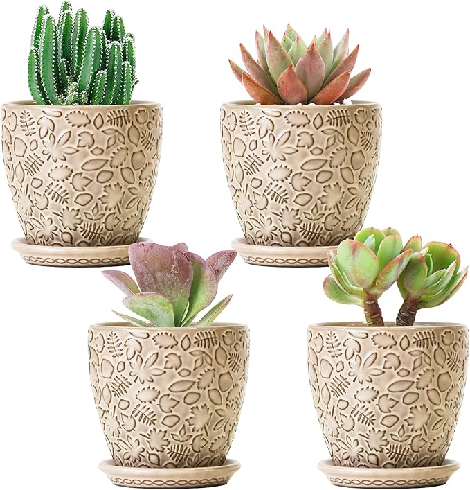 4 Inch Mini Plant Pots, Ceramic Succulent Planter with Drainage Hole and Saucers for Indoor Plants, Small Garden Pots for Succulent, Herb and Flower, Set of 4-Ruum Studio Home