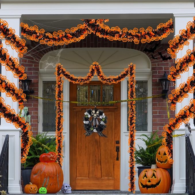 TURNMEON 2 Pack Halloween Garland Total 66 Ft Halloween Tinsel Garland with Black Orange Pumpkin Metallic Twist Black Tinsel Garlands Outdoor Halloweens Decorations Indoor for Home Mantle Door Tree-Ruum Studio Home