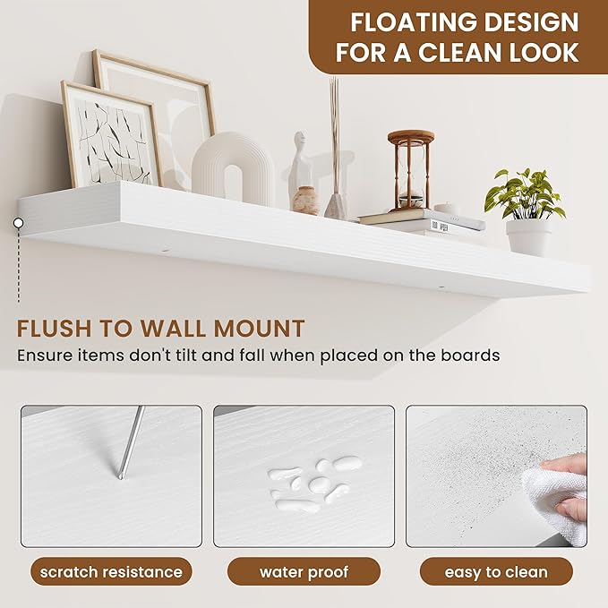 fuqing Floating Shelves for Wall, Bathroom Shelf Wall Mounted for Storage, Shelves with Invisible Bracket for Bedroom, Kitchen, Living Room, Farmhouse Small Book Shelf, 48 Inch Set of 2, White-Ruum Studio Home