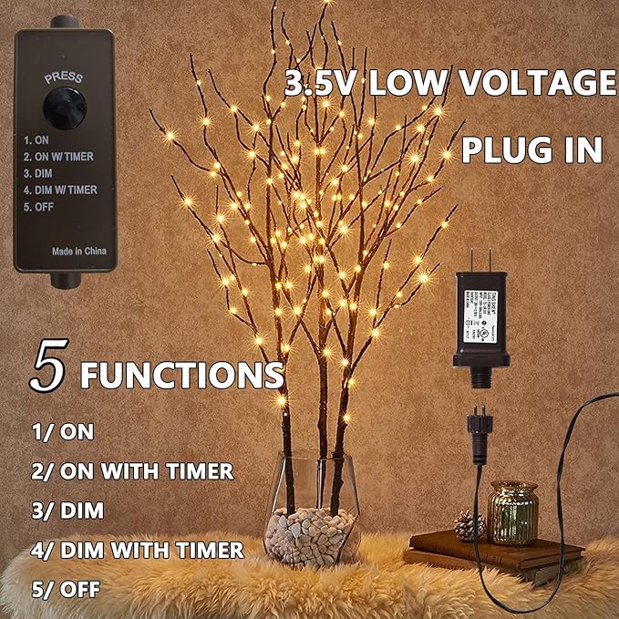 Fudios Lighted Branch Plug in with Timer Willow Branches with Fairy Lights for Vase Twig 32IN 150 LED Outdoor and Indoor Holiday Party Decor-Ruum Studio Home