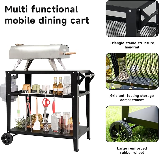 Black Outdoor Grill Cart with Wheels, Heavy-Duty 3-Tier BBQ Prep Table for Pizza Oven, Griddle, Patio – Rustproof Commercial Kitchen Cart with Tool Hooks-Ruum Studio Home