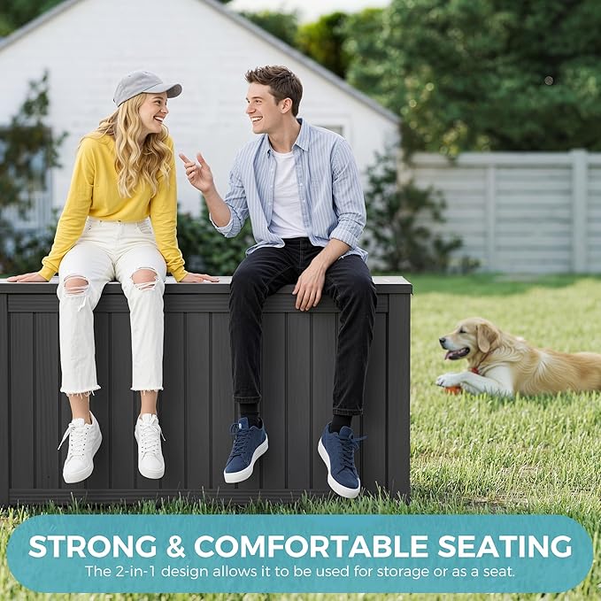 KAMABOKO Outdoor Storage Box, 150 Gallon Large Outdoor Resin Deck Box, Storage Waterproof Boxes Lockable Lid for Garden Tools, Pool Supplies, Patio Furniture and Cushions, Black-Ruum Studio Home